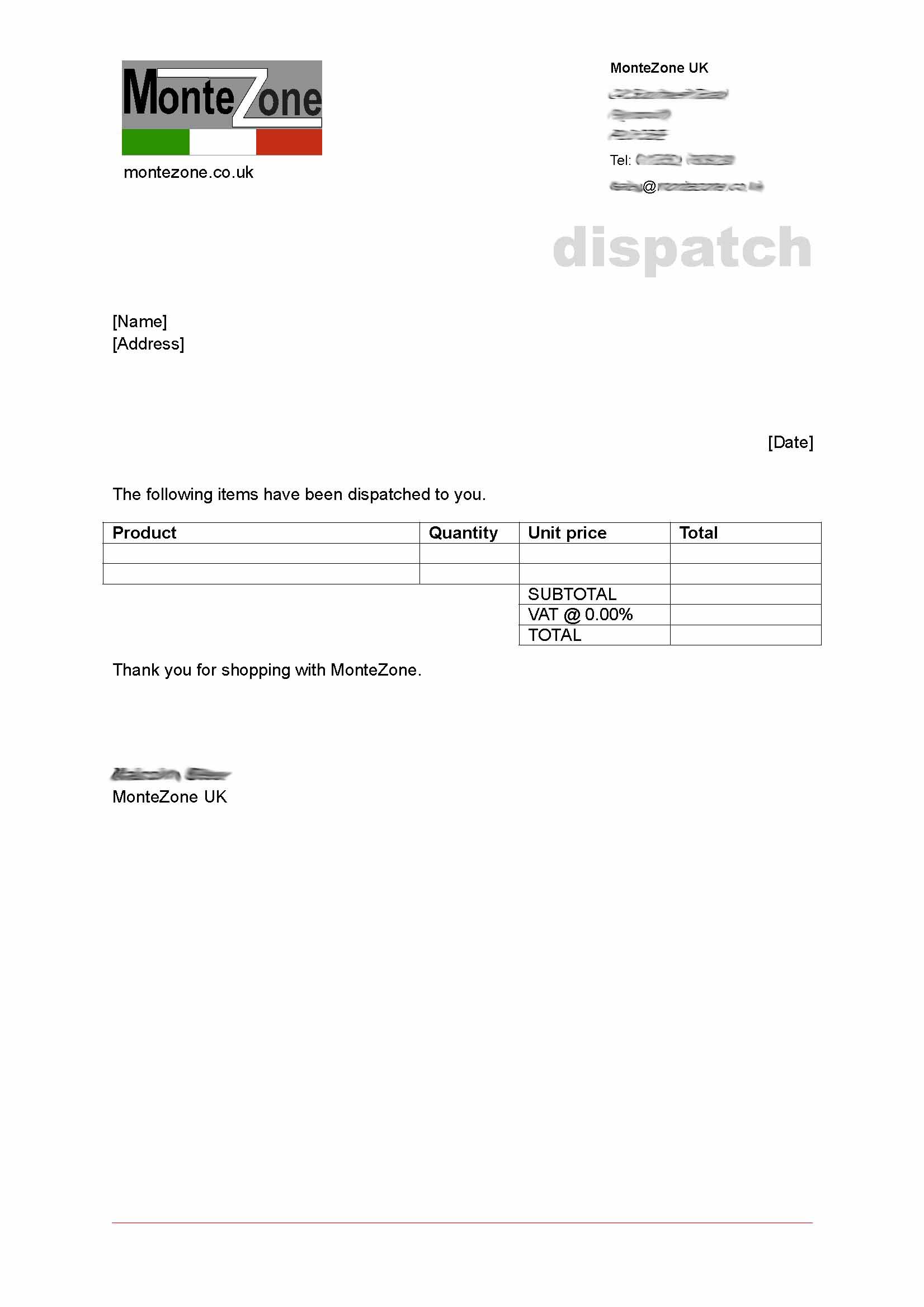 Montezone UK stationery (dispatch note)